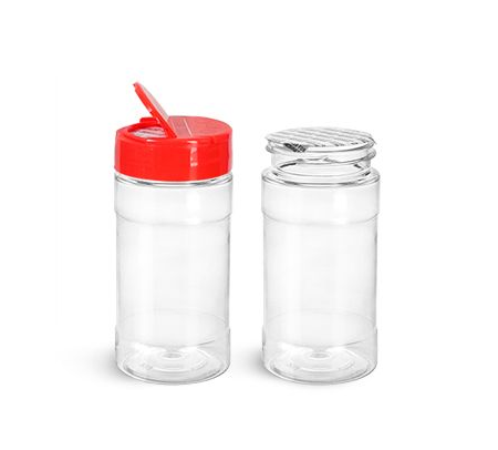 Spice Bottle 8oz (16fl.oz) Clear PET with Sift & Spoon Red Lid / Aluminum  Foil Seal Liner | Spice Jar - MIN ORDER OF 10 JARS